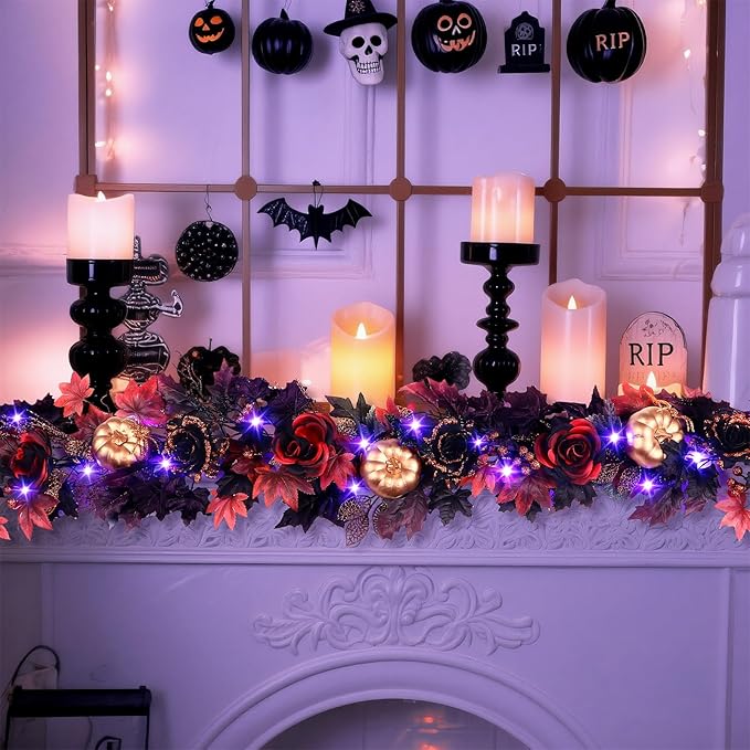 SHareconn 6FT Halloween Garland with Purple Lights Battery Operated and Timer, Pre-Lit Black Red Maple Leaves Lighted Garland Decorations for Fireplace Mantle Centerpiece Indoor Outdoor Decor, 6 FT