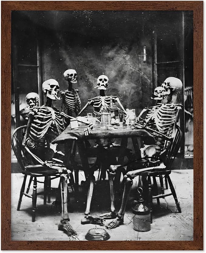 Poster Master Vintage Photograph Poster - Retro Daguerreotype Print - Gift for Artist, Friend - Skeletons Smoking at Table, Dinner Party, Goth - Wall Decor for Home, Dorm, 11x14 Brown Framed