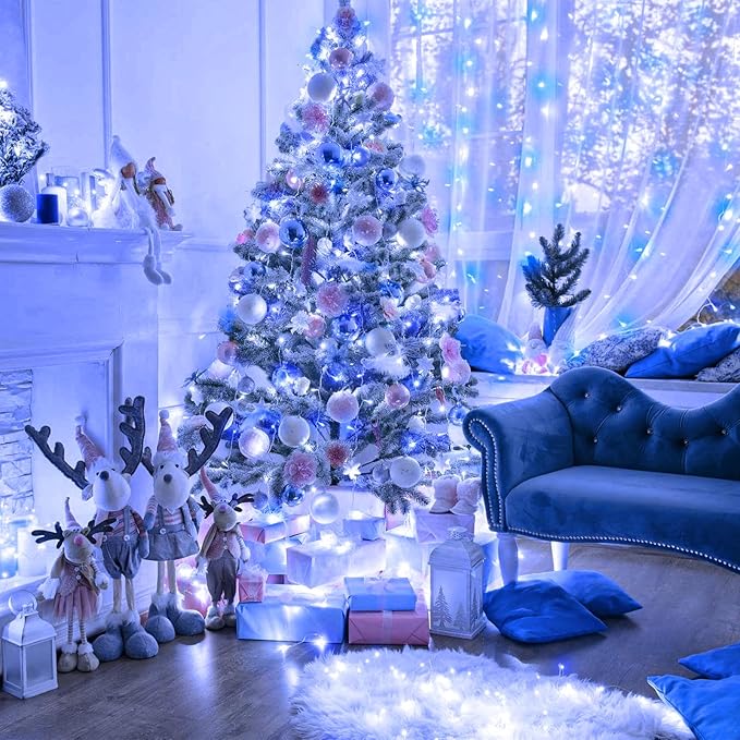 Blue and White Christmas Lights Outdoor 82ft 250 LED Christmas Tree Lights 8 Modes Clear Wire, Plug in Waterproof Twinkle Fairy Lights for Indoor Christmas Bedroom Tree Decorations