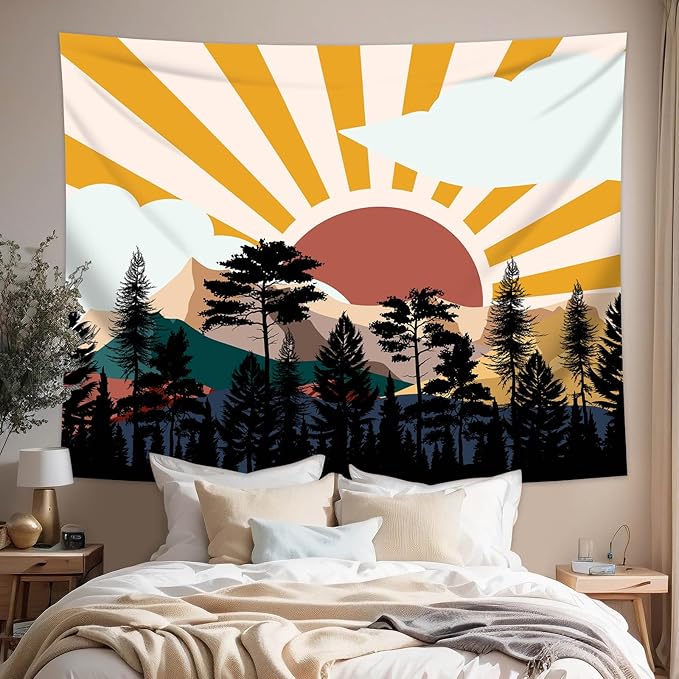 dueeia Boho Sun Tapestry Wall Hanging Abstract Mountain Tree Forest Sunset Sunrise Wall Tapestries for Mens Bedroom Living Room Wall Decor (28.7"x37.4")