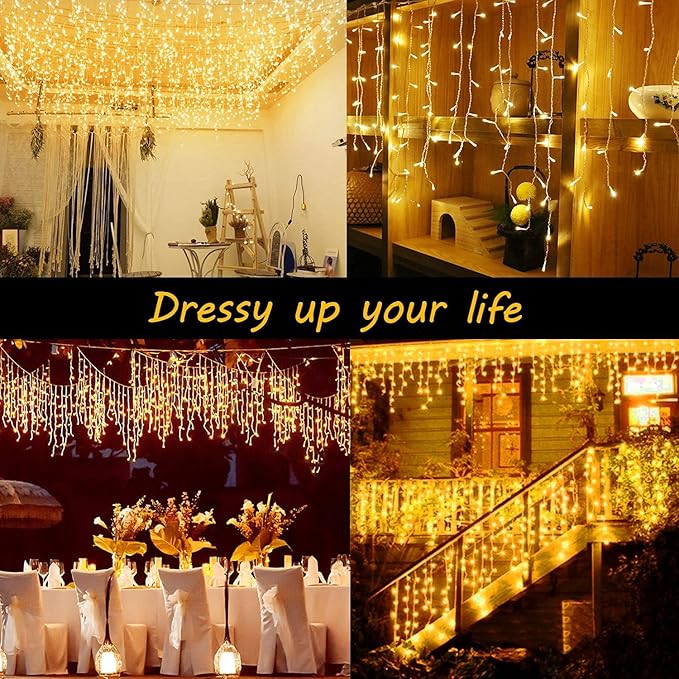 KNONEW Christmas Lights Outdoor Decorations 400 LED 33ft 8 Modes Curtain Fairy String Light with 75 Drops, Clear Wire LED String Light Indoor Decor for Wedding Party Christmas Decorations Warm White