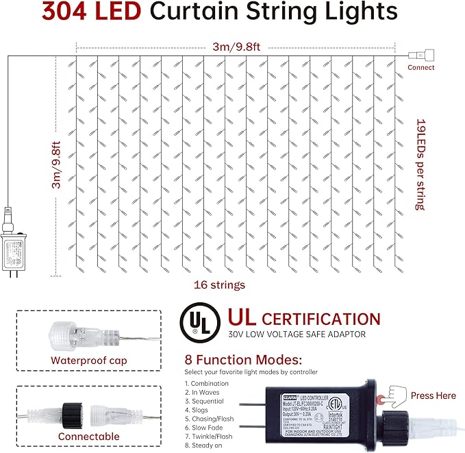 HEYFUNi 304 LED Curtain Lights Outdoor, 9.8Ft*9.8Ft Hanging String Lights Plug in with 8 Modes, Connectable Curtain Fairy Lights for Bedroom, Dorm, Christmas, Wall, Backdrop, Wedding Decor, Warm White