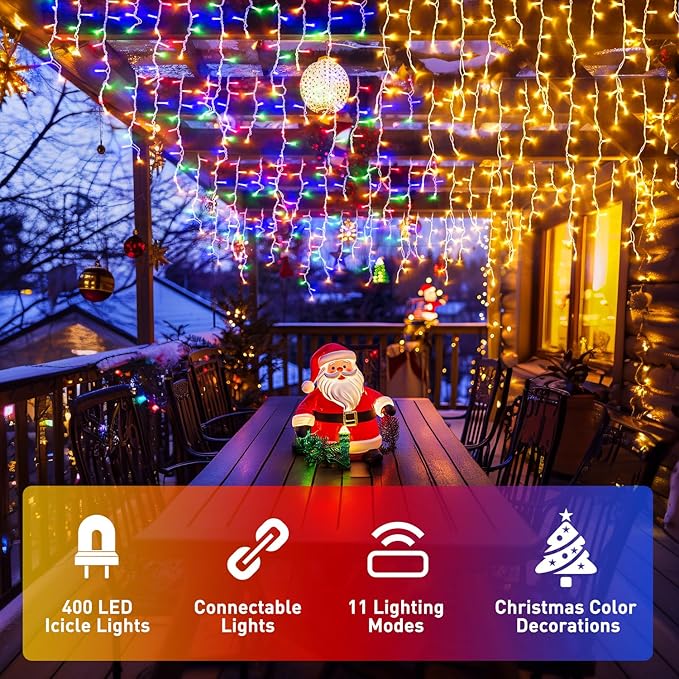 JMEXSUSS Color Changing Outdoor Waterproof Icicle Lights, 400 LED with Remote, Warm White to Multicolor for Christmas Eaves Party Decorations