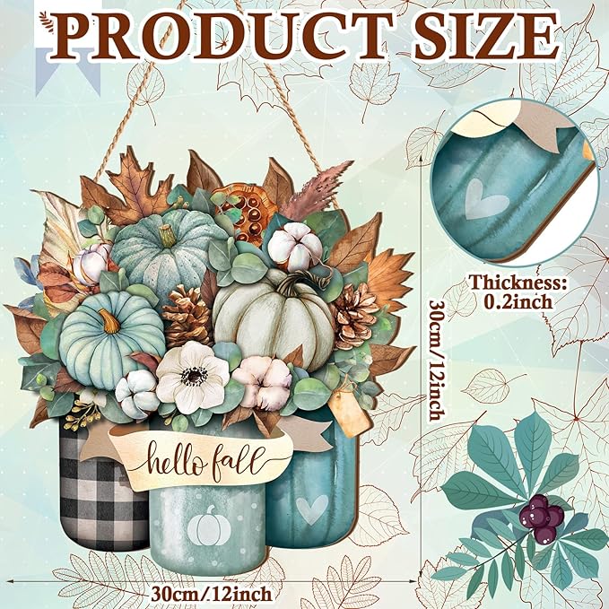 Boao Blue Hello Fall Door Decorations for Home Thanksgiving Decor Pumpkin Plaid Hanging Sign Wooden Front Door Hanger for Autumn Harvest Thanksgiving Porch Indoor Outdoor Home Decorations