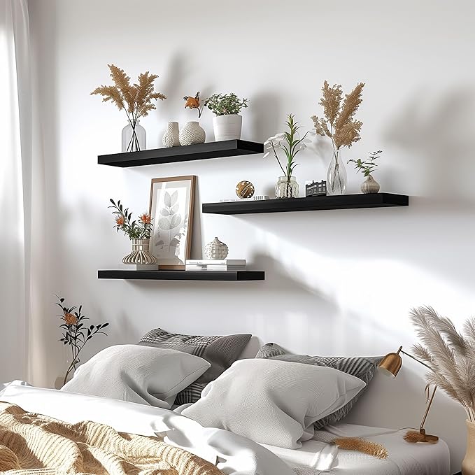 Wood Floating Shelves for Wall Decor, Rustic Wall Shelves for Bedroom Bathroom Kitchen Living Room, Set of 4 Black 24 Inch