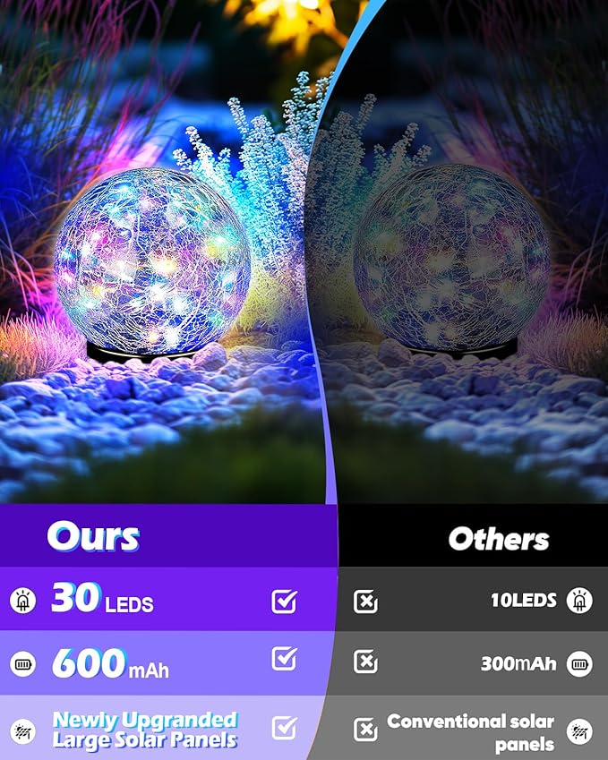 Garden Solar Ball Lights Outdoor Waterproof, 30 LED Cracked Glass Globe Solar Power Ground Lights for Path Yard Patio Lawn, Christmas Decoration Landscape Colorful (2 Pack 3.9'')