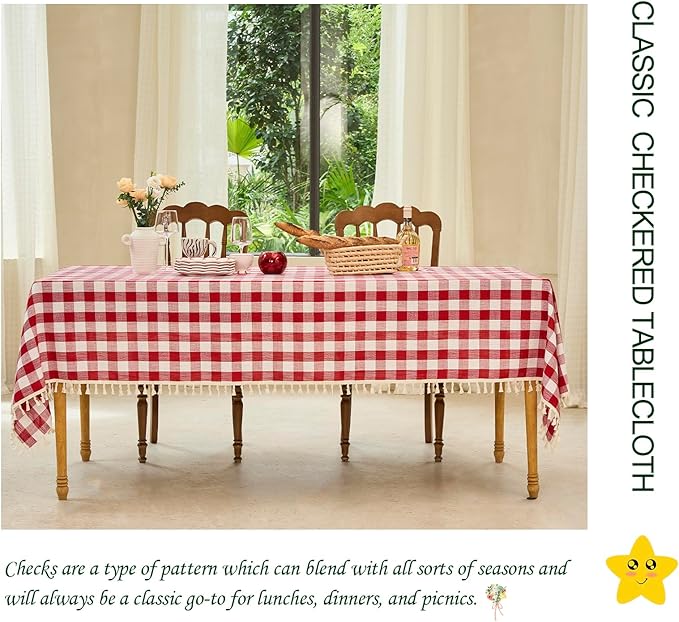 Rectangle Tablecloth - Rustic Gingham Buffalo Plaid Table Cloth for Thanksgiving Christmas Kitchen Dining Room (55x84 Inch, Red and White)