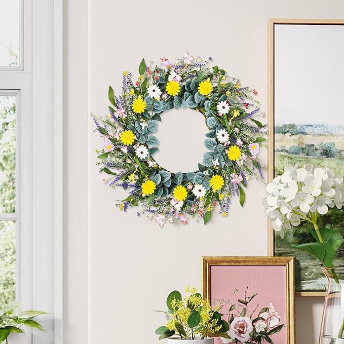 Artgar Spring Wreaths for Front Door, 24 Inch Daisy Wreath, Artificial Spring Summer Wreath with Eucalyptus Leaves Paper Flowers for Indoor Outdoor Home Door Window Wall Wedding Decor
