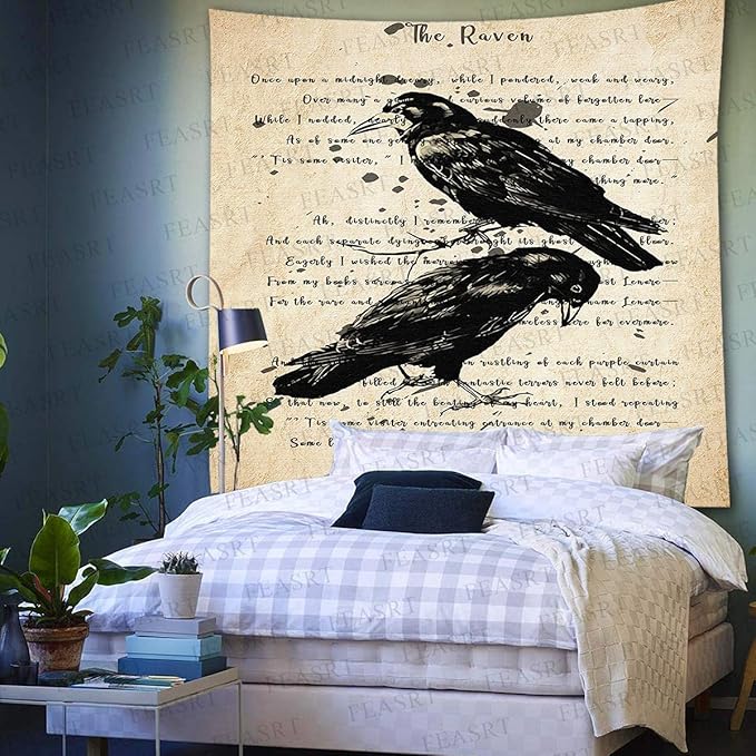 Raven Poem Wall Hanging 51x60 Inches - Crow Tapestry for Living Room, Bedroom, Home, Dorm, Office Decor