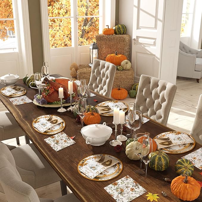 264 Pcs Thanksgiving Plates Napkins Disposable Cutlery Holder Set Thanksgiving Centerpieces for Table Decoration Dinner Autumn Leaves Fall Harvest Wedding Decoration