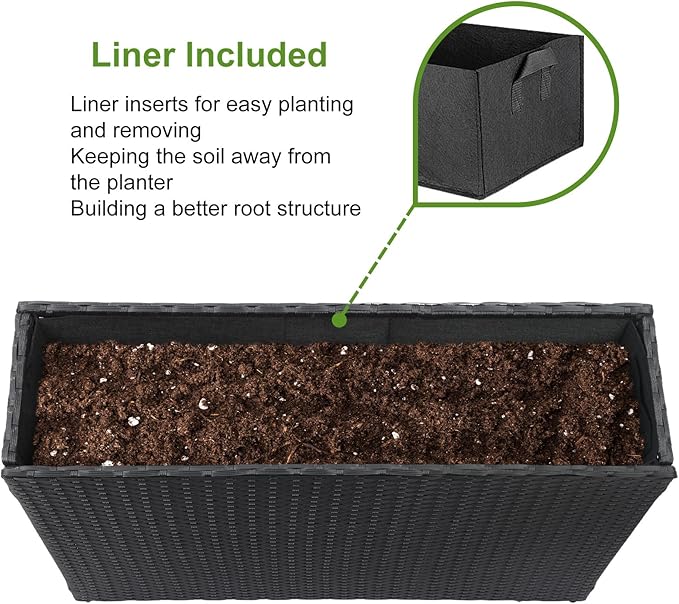 LEWIS&WAYNE Large Rectangular Block Planter Box Handmade Wicker Tall Planters for Outdoor Plants with Removable Liners Modern Planter for Indoor Outdoor Patio Deck - Black, 38''x11''x30''
