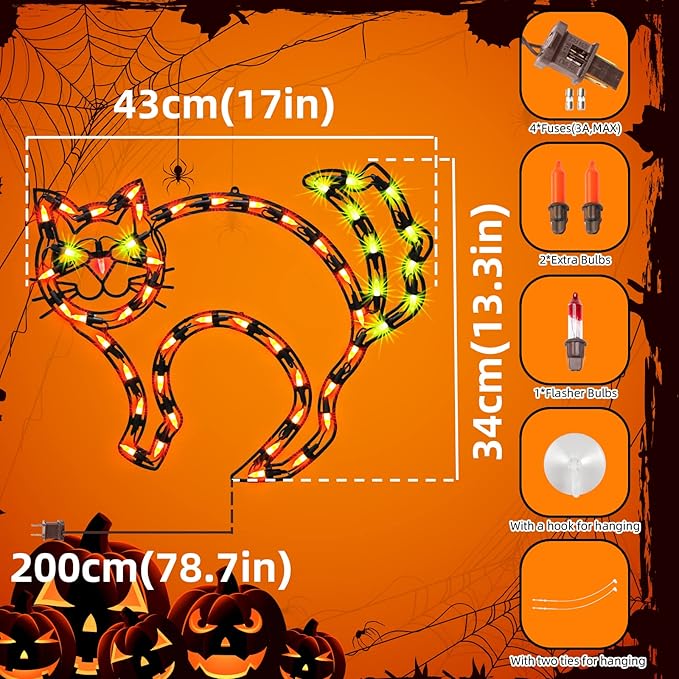 17" Lighted CAT Halloween Window Silhouette Decoration,Halloween Lighted Window Decoration,Hanging Light Up Holiday Ornament,Cat Light