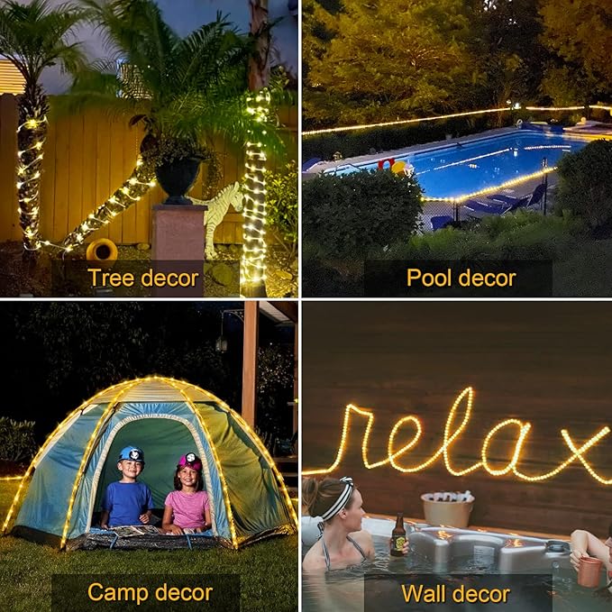 JMEXSUSS 2 Pack 100 LED Solar Rope Lights,33ft 8 Modes Solar Rope Lights Outdoor Waterproof LED Solar Powered Rope Tube for Trampoline,Fence,Gazebo,Yard,Walkway,Path(Warm White)