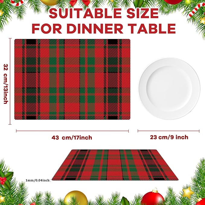 Christmas Placemats Set of 6 Red and Green Plaid Plastic Table Mats Recyclable Place Mats Washable Farmhouse Holiday Table Decoration for Indoor Outdoor Christmas Party Kitchen Dining