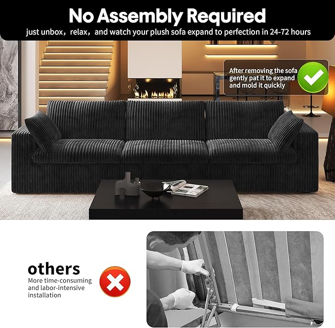 118" 3-Seater Cloud Sofa,Modular Sectional Couch,Modern Deep Seat Upholstered Couches with Plush Corduroy Fabric for Living Room Furniture,Bedroom and Apartment,No Assembly Required,Black