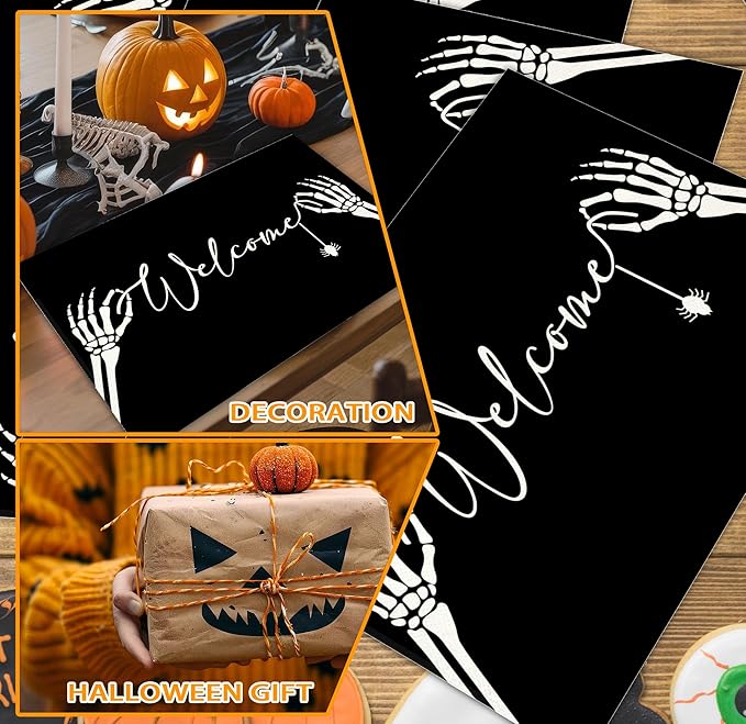 Halloween Skeleton Placemats Set of 4, 12x18 Inch Welcome Decorative Table Mats, Washable Heat Resistant Place Mats for Kitchen Dining Table, Spooky Themed Decoration for Home-B12