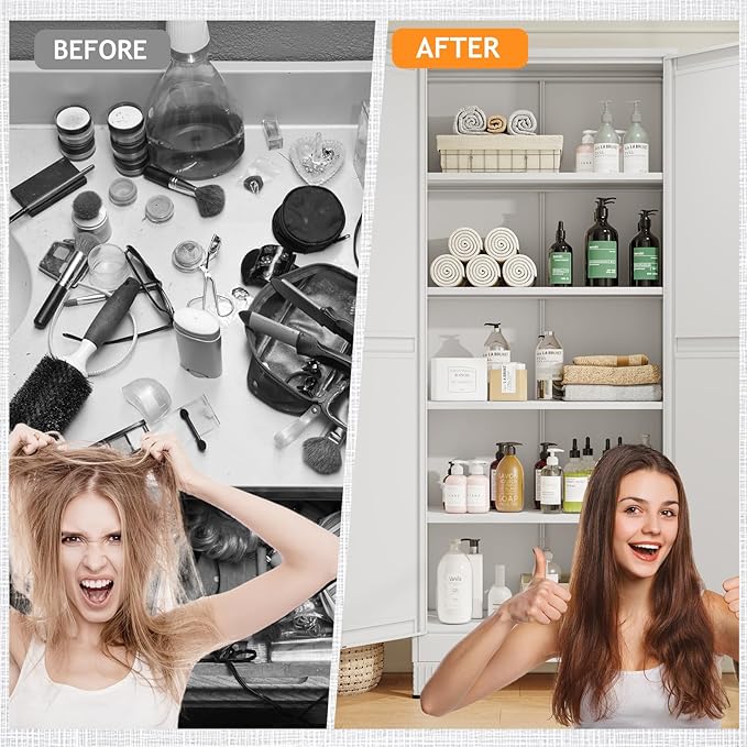 71" Tall Metal Pantry Storage Cabinet with Doors and 4 Adjustable Shelves, White Kitchen Food Pantry Cabinets, Tall Freestanding Cupboard for Kitchen, Dining Room or Living Room