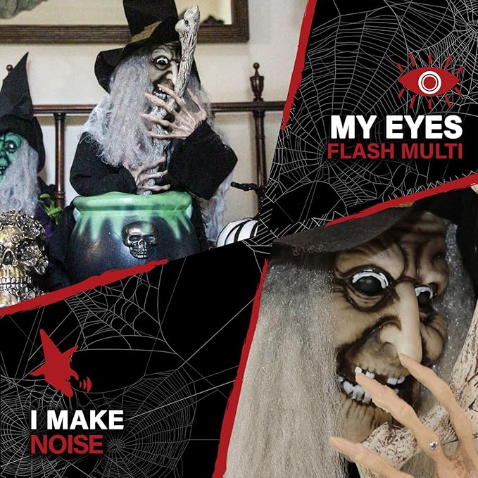 Haunted Hill Farm Scary Talking Witch with Cauldron Halloween Animatronic, Indoor or Covered Outdoor Halloween Decorations with Light up Eyes and Sound, Battery Operated Halloween Props for Home