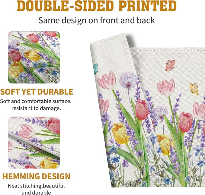 Tulip Placemats Set of 4 Spring Summer Flowers Tulips Lavender Place Mats Watercolor Floral Dandelion Butterfly Non-Slip Heat Resistant Washable Linen Table Mats for Dining Table Kitchen Decor