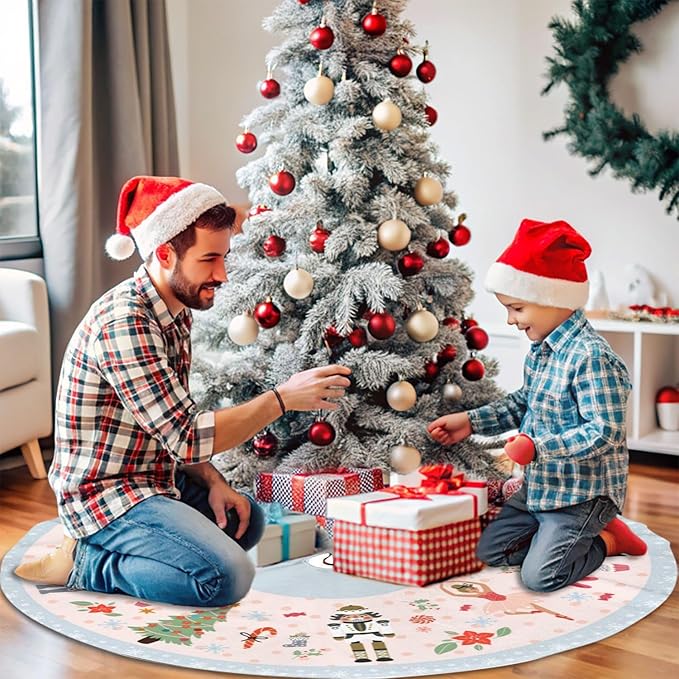 48" Large Christmas Tree Skirt, Cute Nutcracker Candy Pattern Tree Mat Base Cover for Xmas Festive Holiday Party Decoration Ornaments