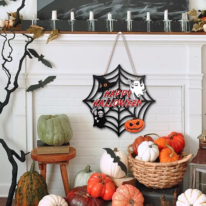 Halloween Party decorations - Welcome Sign for Front Door,Rustic Round Wood Wreaths for Outdoor Outside,Spider Web Garland Porch Ghost Decor for Party Favors Supplies | Halloween Decor for Wall Indoor