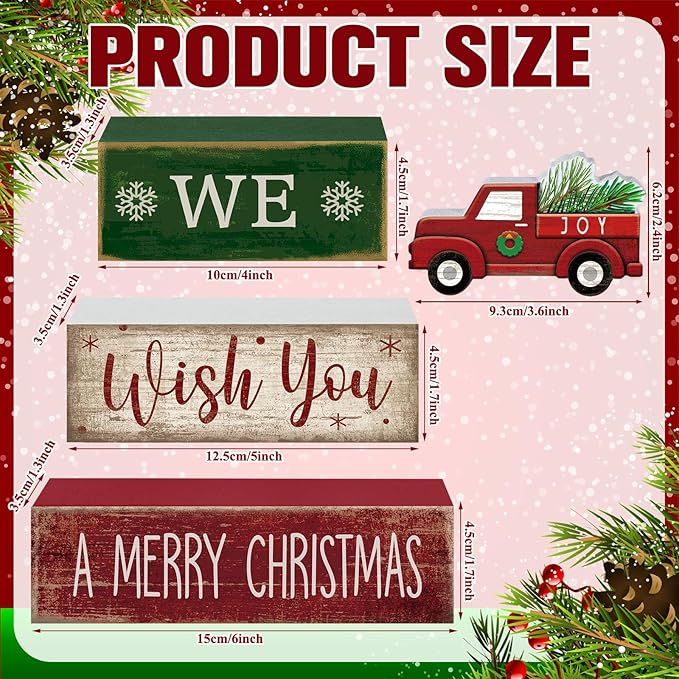 4 Pcs Rustic Christmas Decor Wooden Red Truck Winter Tiered Tray Decor Merry Christmas Table Centerpiece Wood Red Truck Block Sign Gift Farmhouse for Home Kitchen Tabletop Office Shelf