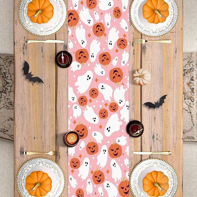 Halloween Table Runner Cute Spooky Ghost Pumpkin Table Linen Runner Pink Kitchen Dining Decoration Holiday Halloween Table Decoration for Holiday Indoor Outdoor Home Party Decor 13x36 Inch