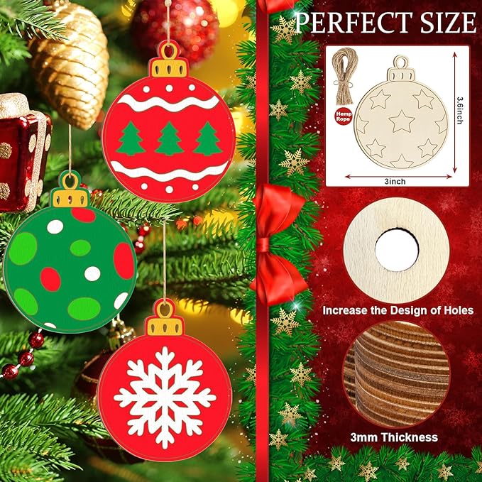 80PCS Wooden Christmas Ornaments to Paint, 8 Styles DIY Blank Unfinished Wood Christmas Ball Christmas Decoration Cutouts Ornament for Crafts Winter Hanging Decorations