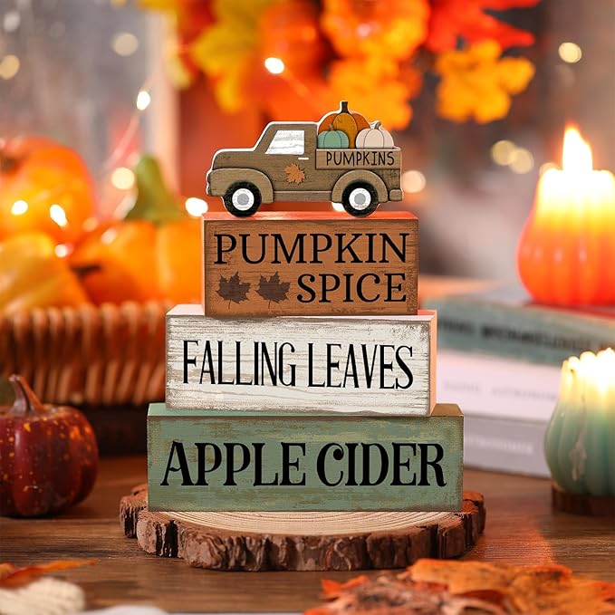 4 Pcs Fall Decorations for Home Fall Table Centerpiece Decor Autumn Tiered Tray Decor Rustic Decorative Truck Block Signs Gift Farmhouse Thanksgiving Table Decoration for Home Kitchen