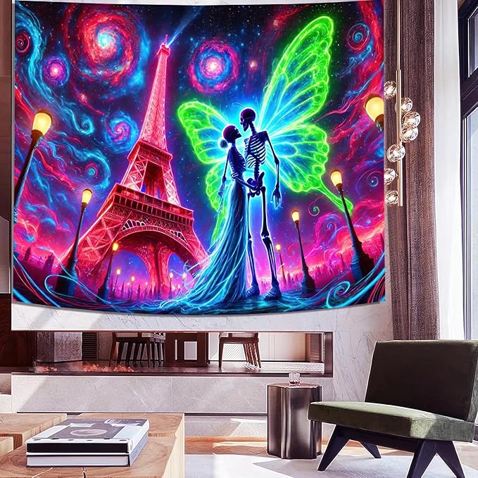 BlissYard Blacklight Skull Tapestry UV Reactive Tapestry 78x59 Inch Black Light Butterfly Galaxy Planet Glowing Large Neon Wall Hanging for Living Room Bedroom Decor Teens