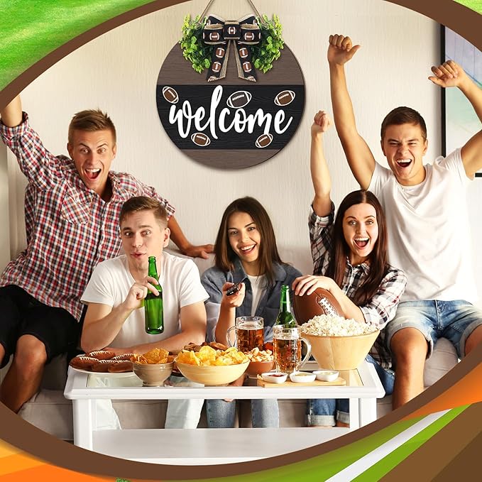 Hello Fall Football Sign for Front Door Thanksgiving Wooden Hanging Sign Fall Welcome Wreaths with Bow Turkey Farmhouse Wall Decoration for Home Autumn Harvest Front Porch Decor(Football)