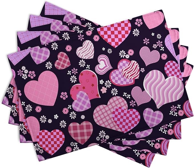 Pink Love Hearts Valentine's Day Placemats Set of 4 Seasonal Valentines Anniversary Wedding Linen Table Mats Pink Black Washable Place Mats for Party Kitchen Dining Outdoor Indoor Decor 12x18 Inch