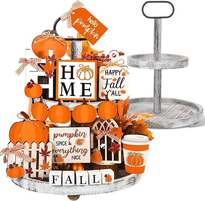 21 Fall Tiered Tray Decor with Two Tiered Tray Fall Table Decor Maple Leaf Pumpkin Signs Thanksgiving Fall Decor Autumn Harvest Decorative Trays Wooden Tabletop Signs for Home Kitchen