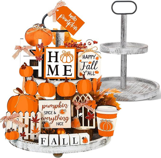 21 Fall Tiered Tray Decor with Two Tiered Tray Fall Table Decor Maple Leaf Pumpkin Signs Thanksgiving Fall Decor Autumn Harvest Decorative Trays Wooden Tabletop Signs for Home Kitchen