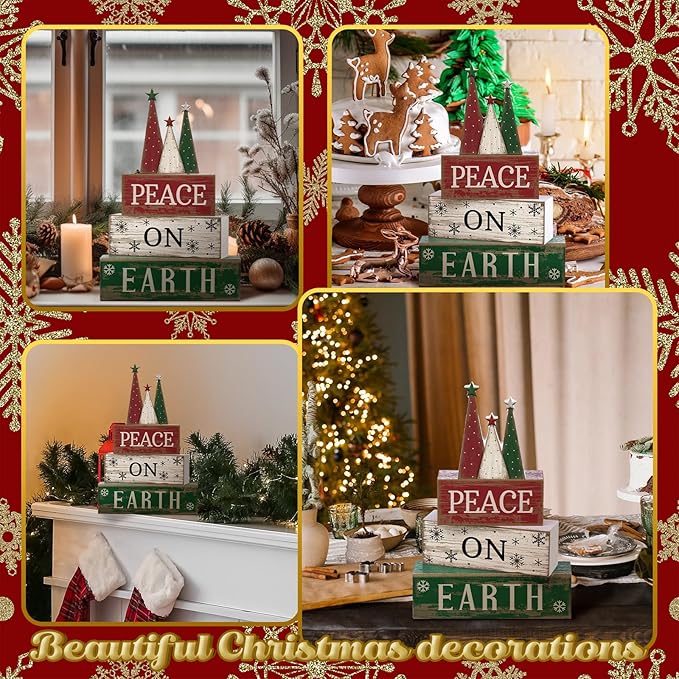 4 Pcs Christmas Table Decoration Wooden Christmas Tree Sign Winter Tiered Tray Decor Decorative Red Green and White Tree Block Signs Xmas Table Centerpiece Farmhouse Decor for Home Kitchen