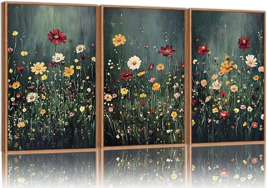 SIGNINART Vintage Floral Framed Canvas Wall Art, Dark Moody Wildflowers Wall Decor, Boho Abstract Flowers Artwork, Colorful Botanical Aestheticrt Art Paintings for Bedroom Living Room Office 16"x24"x3