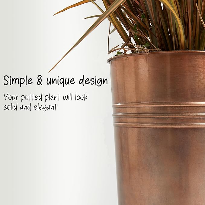 KOL 28'' Tall Galvanized Steel Planter Pot - Flower Pot with Water Level Indicator for Plants - 2 Pack Self Watering Planters - Round Bronze Powder Metal Planter Box - Indoor Outdoor Grande Plant