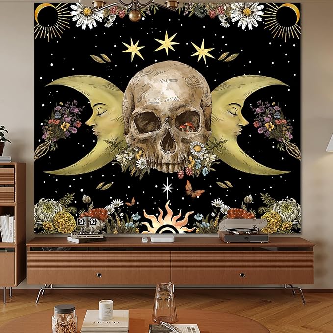 Atrippy Halloween Vintage Gothic Tapestry for Bedroom, Goth Skull Floral Wall Decor Tapestry, Sun and Moon Skeleton Flower Tapestries Aesthetic, Dark Room Decor Wall Hanging for Living Room Dorm 60x79 Inches