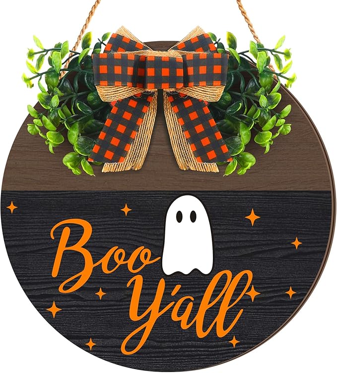 Halloween Sign for Front Door Halloween Wooden Hanging Sign Boo Ghost Sign with Bow Halloween Door Wreath Hanger for Front Porch Outdoor Home Wall Decor