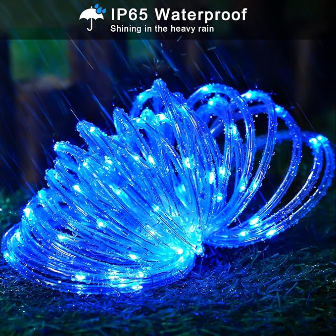JMEXSUSS 2 Pack 100 LED Solar Rope Lights, IP65 Solar Rope Lights Outdoor Waterproof LED, 33ft 8 Modes PVC Tube Rope Light for Trampoline Xmas Fence Yard Walkway Path Garden(Blue)