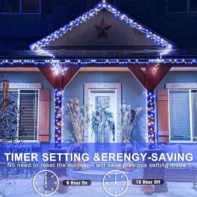 Blue and White Christmas Lights Outdoor 82ft 250 LED Christmas Tree Lights 8 Modes Clear Wire, Plug in Waterproof Twinkle Fairy Lights for Indoor Christmas Bedroom Tree Decorations