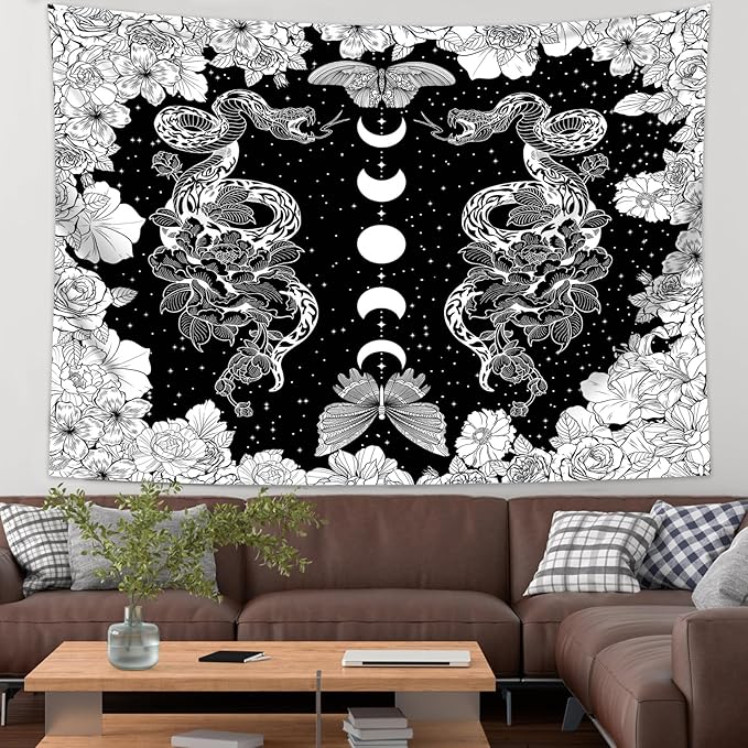 dueeia Moon Phase Witchy Tapestry Wall Hanging Snake Witch Occult Black and White Dark Tapestries for Bedroom Aesthetic Living Room Wall Decor (28.7"x37.4")