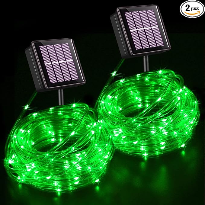 YEGUO 2 Packs Each 33ft 100 LED Solar Rope Lights Outdoor Waterproof, Green String Lights for Outside, 8 Modes Fairy Lights in Clear Thin Tube for Camping Fence Patio Garden Trampoline Deck