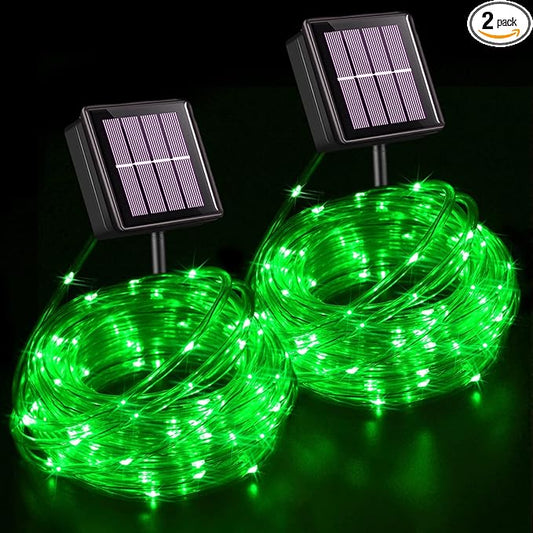 YEGUO 2 Packs Each 33ft 100 LED Solar Rope Lights Outdoor Waterproof, Green String Lights for Outside, 8 Modes Fairy Lights in Clear Thin Tube for Camping Fence Patio Garden Trampoline Deck