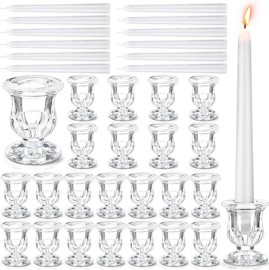 48 Pcs Glass Taper Candle Holders Bulk 2. 5 Inch Clear Candlestick Holder with Long Tapered Candles Candle Sticks Set for Table Centerpiece Wedding Christmas Party Decoration