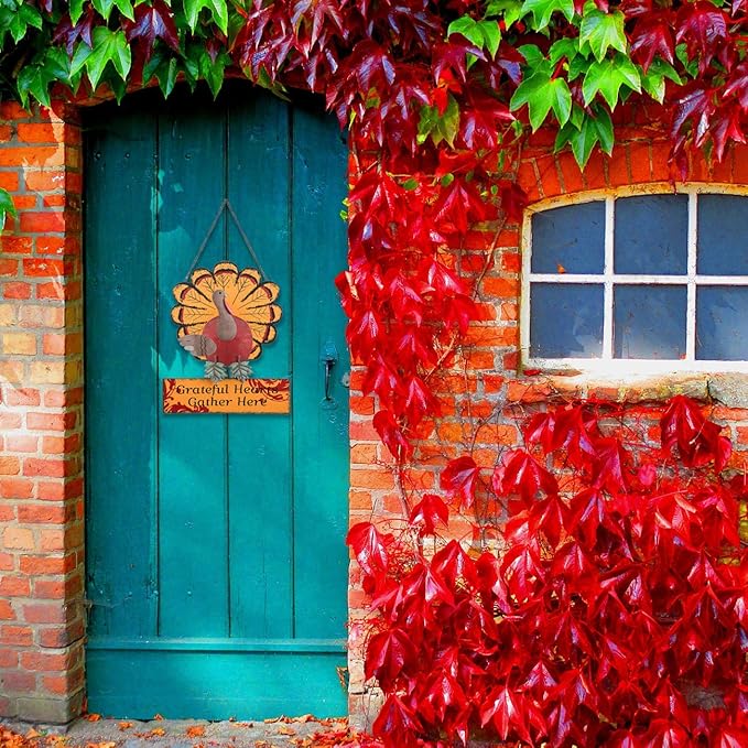 Ogrmar Thanksgiving Metal Turkey Sign Wall Hanging Decoration with bracket for Front Door Ornament Festive Whimsical Halloween Christmas Wall & Tabletop Decor