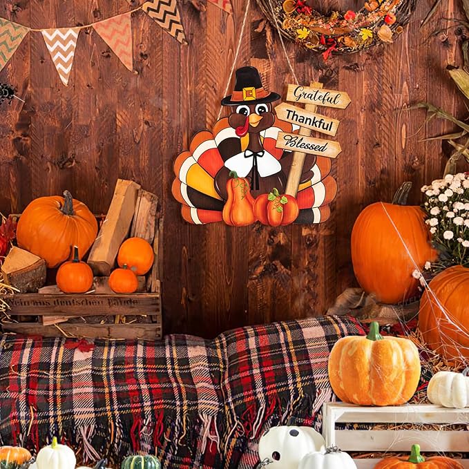 Thanksgiving Decoration Wooden Turkey Pumpkin Door Wreath for Front Door Sign Wall Signs, Thankful Blessed Grateful Pumpkin Sign Hanging for Fall Autumn Harvest Home Halloween Decoration