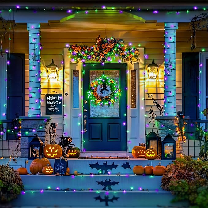 JMEXSUSS 2 Pack Purple and Green Halloween Lights, Total 400 LED 151FT Solar Halloween Lights Outdoor Waterproof, 8 Modes Solar Christmas String Light for Outside Tree Patio Decorations