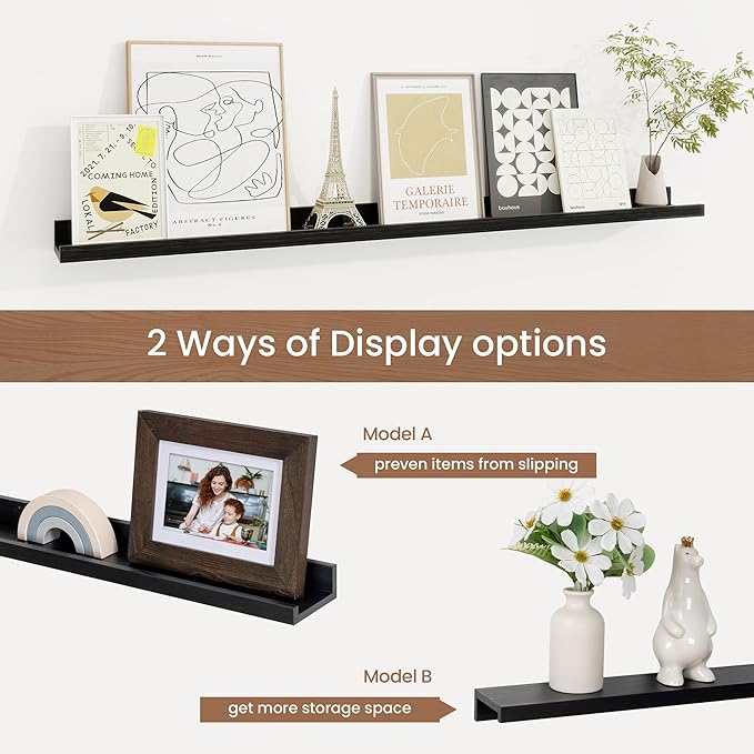 Picture Ledge Shelf, Solid Pine Wood Floating Shelves Set of 2, 40 Inches Nursery Book Shelves for Toys Storage, Kids Bookshelf Wall Mounted for Living Room Bedroom Decor Books Photo Frames, Black