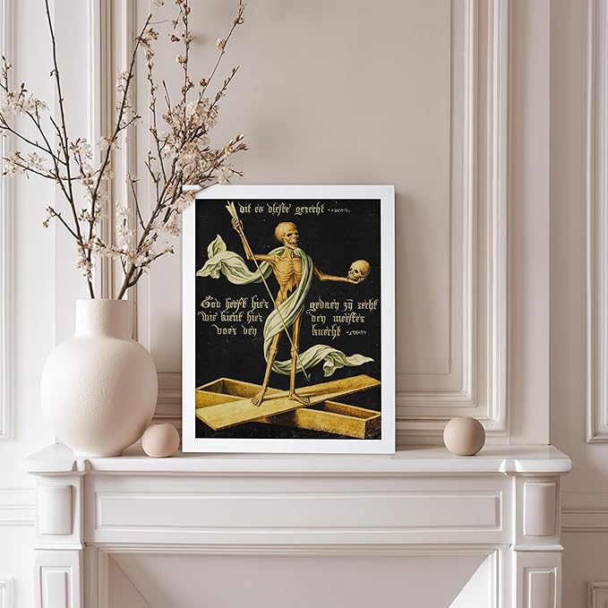 Poster Master Vintage Medieval Poster - Retro Gothic Print - Gift for Artist, Friend - Allegory of Life and Death, Skeleton, Dark, Skull - Wall Decor for Home, Living Room, 8x10 White Framed
